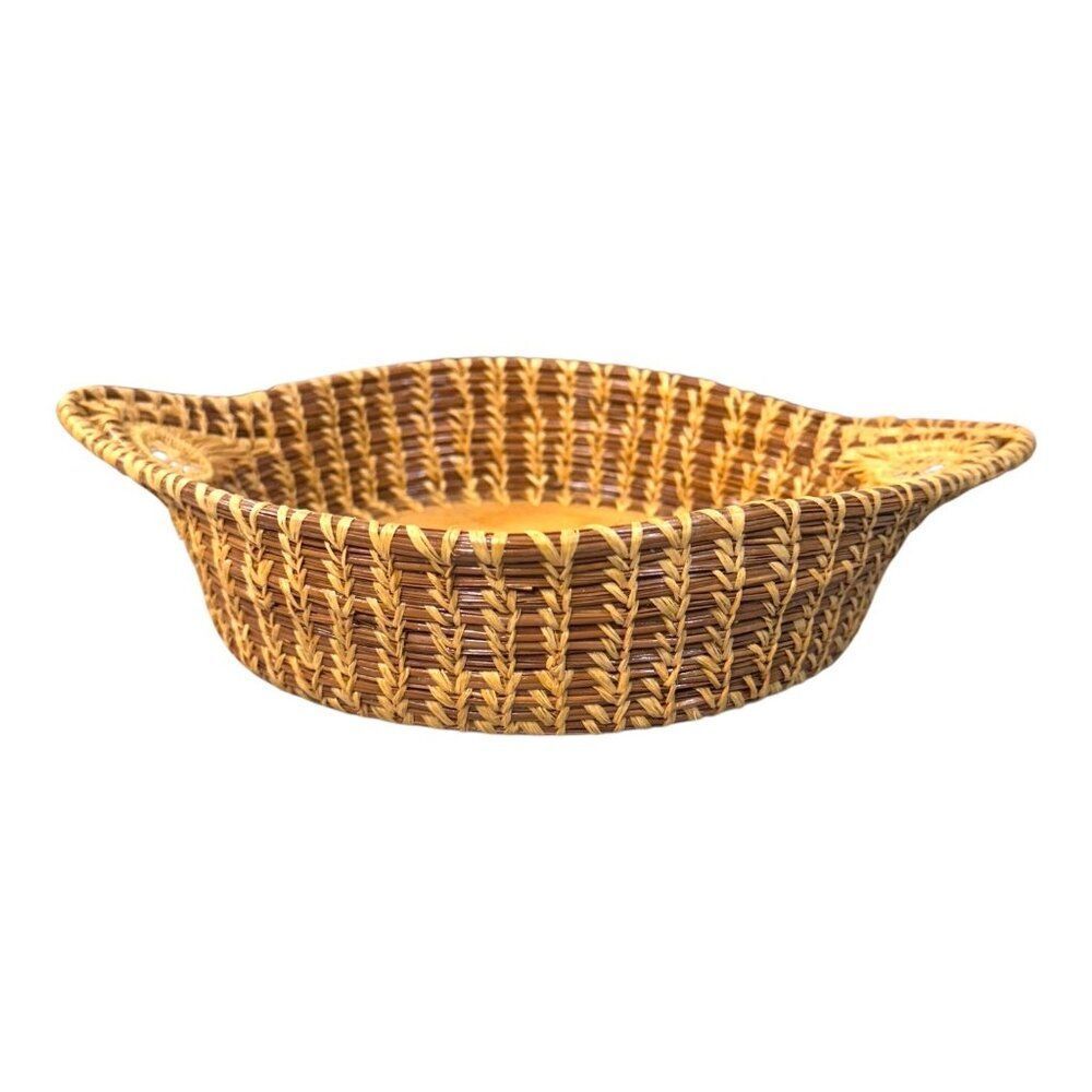 Handcrafted Pine Needle Straw Woven Rattan & Wood Decorative Basket Dish Handles